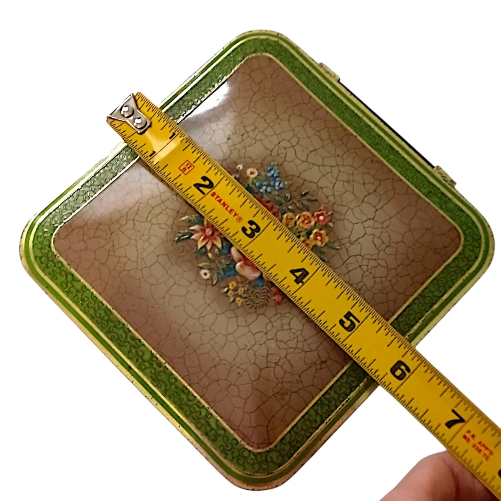 Vintage Tin Container Green Floral Hinged Square Made In Holland Victorian Style